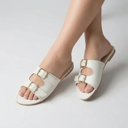 Rasteira Kela Clássica Branca Fivela Dourada - 34