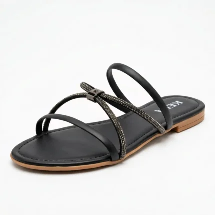 Rasteira Kela Strappy Strass Preta